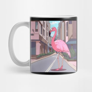 flamingo walking in the city street Mug